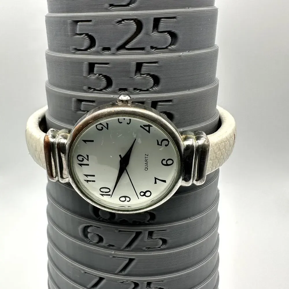 Quartz Cuff Watch White Band Silver Tone Case